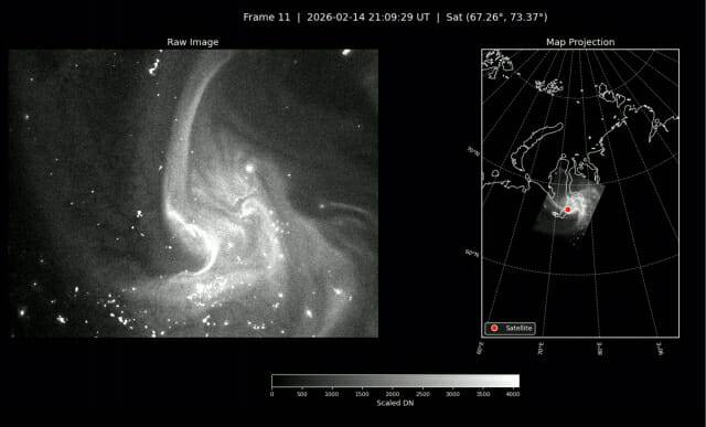 차중3호 로키츠에서 본 극지방 오로라 모습. 지난 2월 14일 지자기 폭풍 당시 확보한 이미지. 밝은 부분이 오로라다.(사진=우주청)