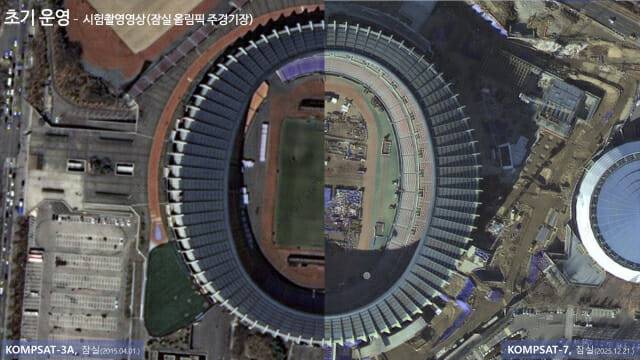 잠심 올림픽 경기장 모습. 왼쪽은 해상도 55cm급 다목적 3A 이미지, 오른쪽은 해상도 20cm급 다목적7호 이미지. 선명도가 확연히 차이난다.(사진=우주청)