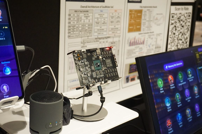 지난달 16일(현지시간) 부터 미국에서 개최된 국제고체회로설계학회(ISSCC)에 KAIST 연구팀이 개발한 초개인화 구현 AI반도체 소울메이트(SoulMate) 시제품이 전시돼 있다. KAIST 제공