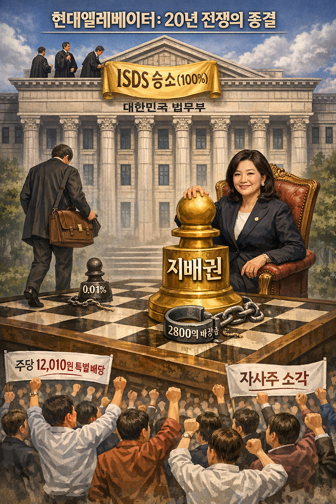 스위스 엘리베이터 업체 쉰들러와 현대엘리베이터의 주주 지분 관계, 이 과정에서 국제투자분쟁(ISDS) 소송을 승소한 우리 법무부와 소액 투자자들의 관계를 보여주는 이미지. 사진=챗GPT 생성.