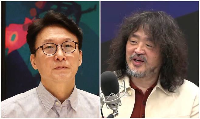 방미 중인 김민석 국무총리가 15일(현지시각) 미국 뉴욕 주유엔대표부에서 국무총리실 간부 전원이 원격으로 참석하는 영상 간부회의를 주재하고 있다. 오른쪽은 17일 유튜브 방송 중인 김어준씨. 연합뉴스, ‘김어준의 겸손은 힘들다 뉴스공장’ 갈무리