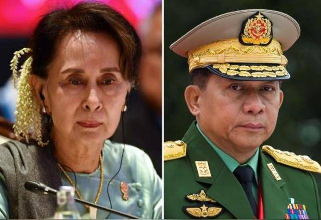 미얀마 민주진영의 상징인 아웅산 수치(왼쪽) 국가고문과 쿠데타 군부 수장인 민 아웅 흘라잉 최고사령관의 모습. 이라와디 캡처