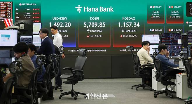 일부 선박이 호르무즈 해협을 통과하며 코스피와 코스닥이 상승하고 원·달러 환율이 하락 중인 17일 서울 중구 하나은행 딜링룸에서 딜러들이 업무를 보고 있다. 한수빈 기자