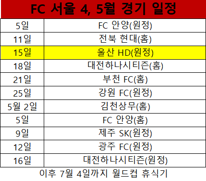 FC 서울 4, 5월 경기 일정. 표=이근승 기자
