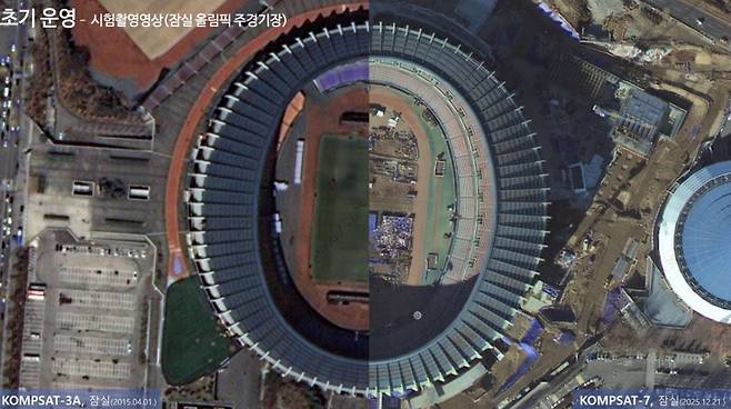 다목적실용위성3A이 촬영한 잠실올림픽주경기장 (왼쪽), 아리랑 7호가 촬영한 잠실올림픽주경기장 (오른쪽)의 모습 /사진=한국항공우주연구원