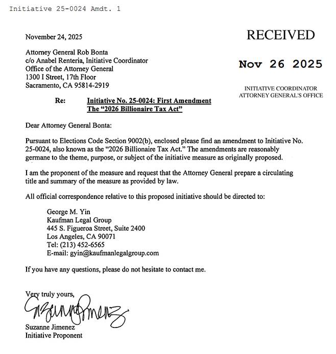 캘리포니아주 '2026 억만장자 세금 법안' (Initiative No. 25-0024)의 수정안 캡처