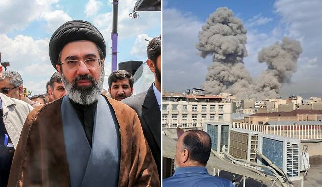 모즈타바 하메네이 이란 최고지도자가 과거 테헤란 거리에서 이동하고 있다(왼쪽). 2026년 2월 28일(현지시간) 테헤란에서 발생한 공습으로 도시 상공에 거대한 폭발 연기가 치솟고 있다. AFP·AP 연합뉴스