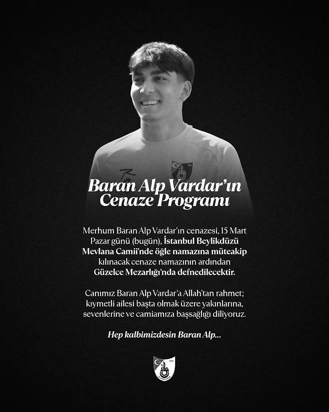 ▲ 튀크키예 이스탄불스포르가 20세의 나이로 세상을 떠난 바르다르의 사망 소식으로 슬픔에 잠겼다. 촉망받는 센터백이었던 바르다르는 오랜 암 투병 끝에 젊은 나이로 사망했다.