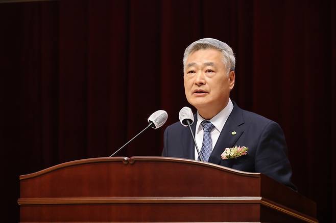 ▲ 김회천 신임 한수원 사장이 18일 한수원 본사에서 열린 취임식에서 취임사를 하고 있다. 한수원