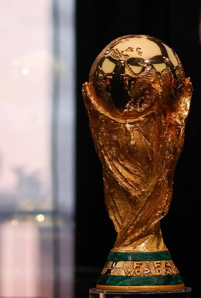The official World Cup trophy is displayed during its presentation within the FIFA World Cup 2026 Trophy Tour at BBVA Stadium in Guadalupe, Nuevo Leon, Mexico on March 14, 2026. (Photo by Julio Cesar AGUILAR / AFP)







<저작권자(c) 연합뉴스, 무단 전재-재배포, AI 학습 및 활용 금지>