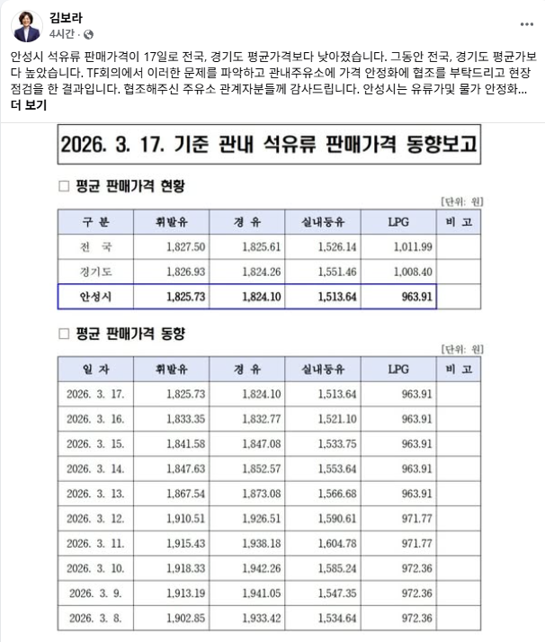김보라 안성시장 페이스북 홈페이지 캡처.