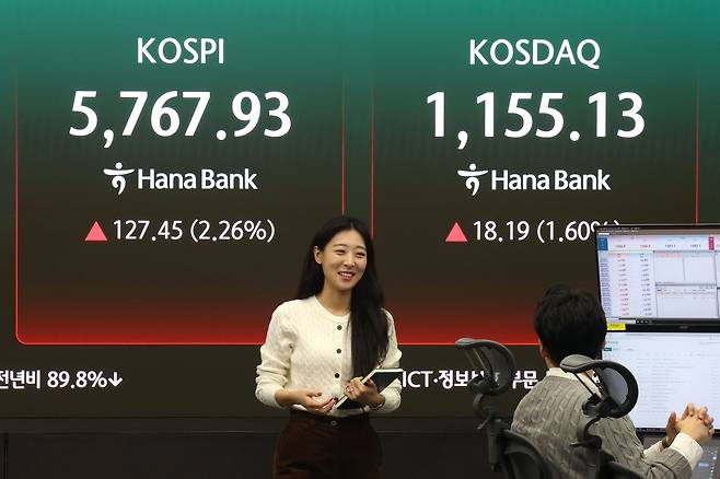 18일 오전 서울 중구 하나은행 딜링룸 모습./뉴스1