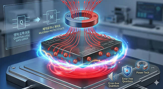 경희대 이종수 교수팀이 세계 최초로 개발한 '철(Fe) 함유 고엔트로피 합금 초전도체'의 구동 원리를 시각화한 모습. 자석에 달라붙는 성질을 가진 철 원자(Fe)를 전략적으로 배치하자, 오히려 외부 자기장을 일반 초전도체보다 20% 더 강력하게 밀어내는 '자기에너지 120% 증폭' 현상이 나타나고 있다. 이 물질은 외부 소음으로부터 정보를 보호하는 '마요라나' 입자를 제어할 수 있어, 오류 없는 차세대 양자 컴퓨터와 고성능 에너지 소자를 구현할 핵심 열쇠로 주목받고 있다. (그래픽=제미나이 생성)