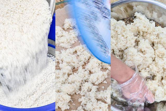 경기 고양시 행주산성주가 술빚기 체험 참가자가 찹쌀, 누룩, 물을 이용해 전통 탁주를 빚고 있다. 왼쪽부터 불려 씻을 쌀을 체에 밭치는 모습, 고두밥을 식히는 모습, 고두밥과 누룩물을 섞는 모습.