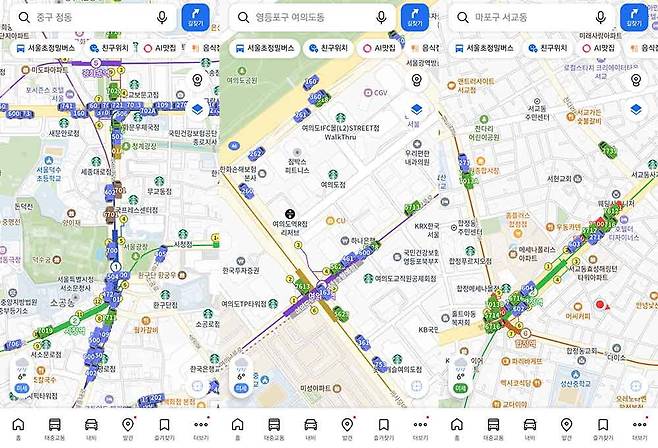 초정밀 버스 서비스를 활성화한 광화문, 여의도, 합정 / 출처=IT동아