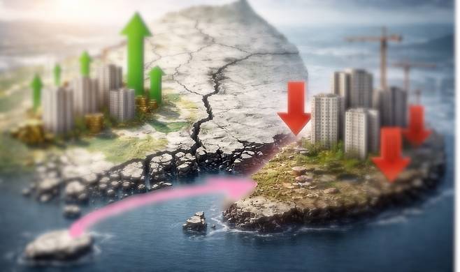 전국과 제주 부동산 시장 흐름이 엇갈린 모습을 형상화한 AI 생성 이미지.