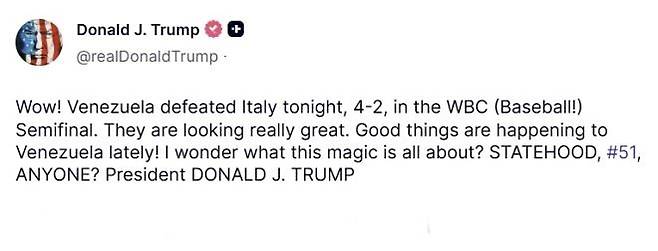 베네수엘라가 결승에 진출한 뒤 X(옛 트위터)로 베네수엘라를 축하하면서 조롱한 도널드 트럼프 미국 대통령. 트럼프 SNS 캡처