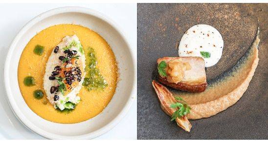 한국 식재료로 만든 프랑스 요리. 왼쪽은 태안 암꽃게, 오른쪽은 포항의 돼지를 활용했다. 김경록 기자