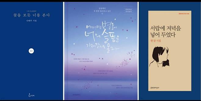 예스24 선정 지난 10년 간 가장 많이 판매된 시집 1,2,3위를 차지한 <꽃을 보듯 너를 본다>, <어쩌면 별들이 너의 슬픔을 가져갈지도 몰라>, <서랍에 저녁을 넣어 두었다> 표지.