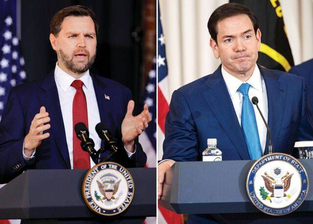 J D 밴스 미국 부통령이 지난 13일(현지시간) 노스캐롤라이나주 로키마운트에서 연설하고 있다. 오른쪽 사진은 지난 9일 워싱턴DC 국무부 청사에서 발언을 준비하는 마코 루비오 국무장관. 올해 미국의 대(對)이란·베네수엘라 군사작전에서 상대적으로 말을 아낀 밴스 부통령과 다르게 주도적으로 나선 루비오 장관은 입지를 높였다는 평가를 받는다. 로이터AP연합뉴스