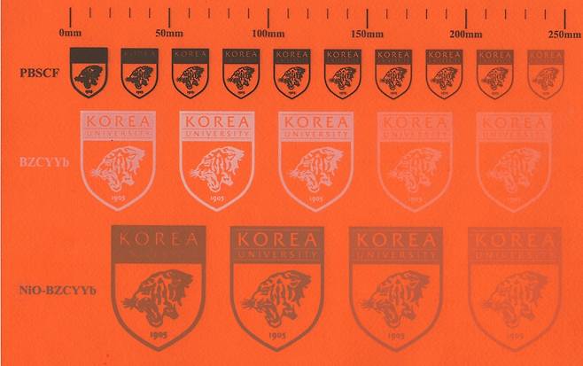 프로톤 세라믹 전기화학 셀 구성 소재 및 잉크 농도 조건별 잉크젯 프린팅 샘플. [고려대학교 제공]