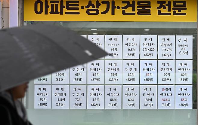 18일 오전 매물표가 붙어 있는 서울 강남구 한 공인중개소 앞을 한 시민이 지나고 있다.  이상섭 기자