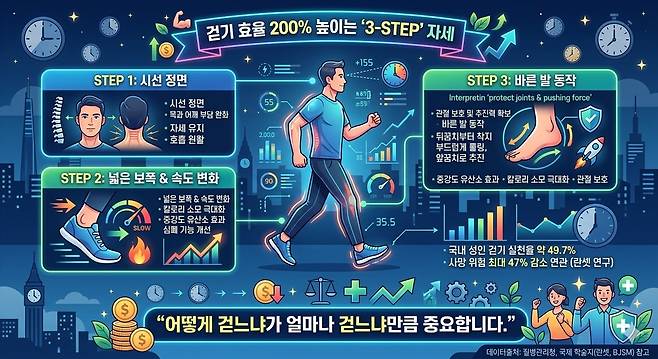 걷기 효율 200% 높이는 '3-STEP' 자세. 제미나이 생성 그래픽
