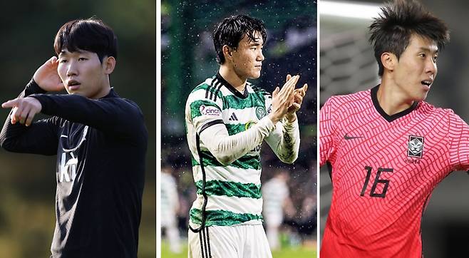 3월 A매치 명단에 포함된 홍현석, 양현준, 권혁규(왼쪽부터).  대한축구협회 제공·게티이미지코리아