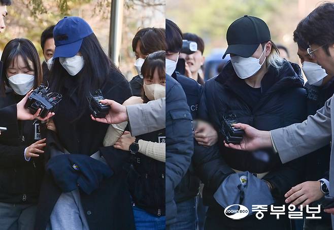 세 살배기 딸을 학대해 숨지게 한 혐의를 받는 친모(왼쪽)와 이를 도와 시신을 야산에 유기한 혐의를 받는 30대 남성(오른쪽)이 19일 오전 영장실질심사를 받기 위해 호송차량에서 내려 수원지방법원 안산지원으로 이동하고 있다. 임채운기자