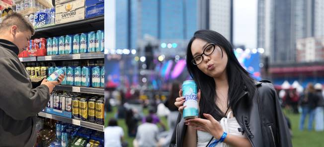 몽골 울란바토르에 위치한 마트에서 소비자가 크러시를 살펴보고 있는 모습(왼)과 몽골에서 열린 페스티벌에서 한 방문객이 크러시를 들어 포즈를 취한 모습.(사진제공=롯데칠성음료)