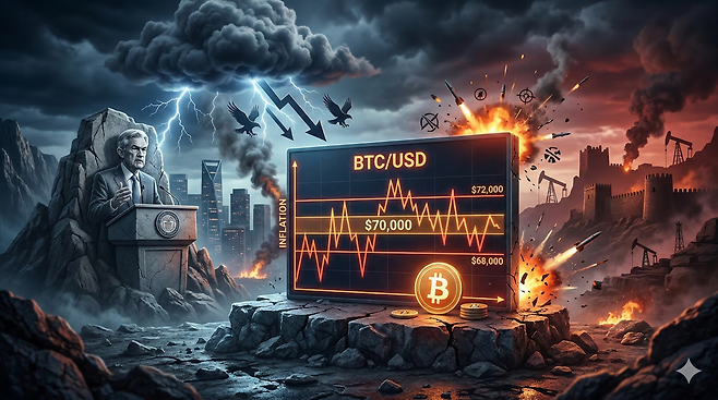 제롬 파월 미국 연준 의장의 매파적 금리 동결 행보와 중동발 지정학적 위기가 동시에 고조되면서, 비트코인 가격이 7만 달러 선의 박스권에 갇힌 채 긴장감이 감도는 시장 상황. 출처=제미나이 생성