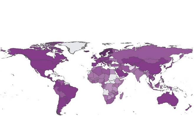 세계행복지도. 색깔이 진할 수록 행복지수가 높다는 의미. (사진=유엔 지속가능발전해법네트워크)