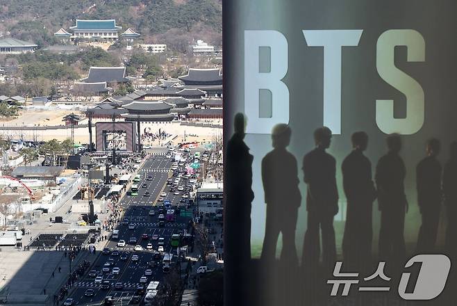 방탄소년단(BTS) 완전체 컴백 공연이 이틀 앞으로 다가온 19일 서울 광화문광장 인근 빌딩 전광판에 컴백 공연을 알리는 광고가 표출되고 있다. 2026.3.19 ⓒ 뉴스1 최지환 기자
