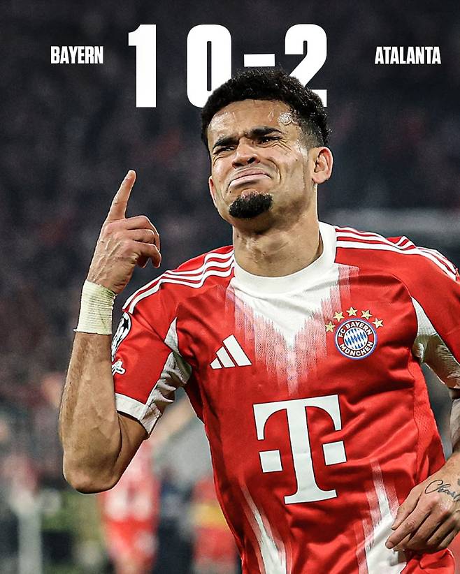 뮌헨 디아스가 19일 알리안츠 아레나에서 열린 아탈란타와의 2025~26 UCL 16강 2차전서 득점 후 세리머니를 하고 있다. 사진=뮌헨 SNS