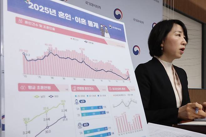 박현정 국가데이터처 인구동향과장이 19일 세종시 정부세종청사에서 2025년 혼인·이혼 통계 분석 결과를 설명하고 있다. 연합뉴스