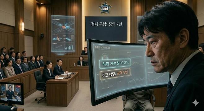현직 법조인 10명의 인터뷰를 바탕으로 2036년 형사 법정의 모습을 상상해 그린 생성형 AI 이미지