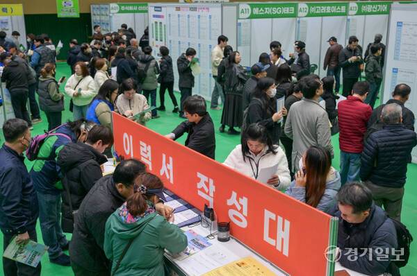 19일 오후 안산올림픽기념관 체육관에서 열린 '2026 안산 919 취업광장'을 찾은 구직자들이 구직 활동을 벌이고 있다. 이날 행사에서는 관내 30여 기업이 참여했다. 윤원규기자