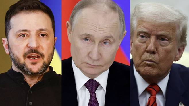 (왼쪽부터) 볼로디미르 젤렌스키 우크라이나 대통령, 블라디미르 푸틴 러시아 대통령, 도널드 트럼프 미국 대통령 /로이터=뉴스1