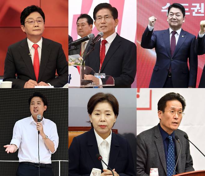 사진 위 왼쪽부터 시계순서대로 유승민 전 의원, 김문수 전 경기지사, 안철수 의원, 함진규 전 의원, 양향자 최고위원, 이준석 의원. 자료사진