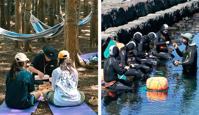 제주시가 지난해 고향사랑기부금을 재원으로 진행한 ‘청년드림, 제주애(愛) 올레(Olleh)’ 참가팀들이 구좌읍 세화리에서 다랑쉬오름 트레킹을 체험하고 있다(왼쪽 사진). 김녕리에선 낚시·씨글라스 체험이 진행됐다. 제주관광공사