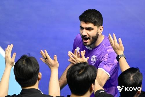 하이파이브 하는 우리카드의 알리 [한국배구연맹 제공. 재판매 및 DB 금지]