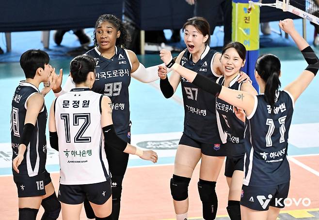 득점 후 기뻐하는 한국도로공사 선수들 [한국배구연맹 제공. 재판매 및 DB 금지]