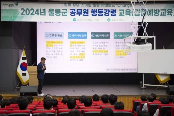 군수가 직접 나선 공직자 교육도 공허한 외침에 그쳤다. 울릉군이 실시한 2024년 공무원 행동강령 교육 모습. /경북매일 DB