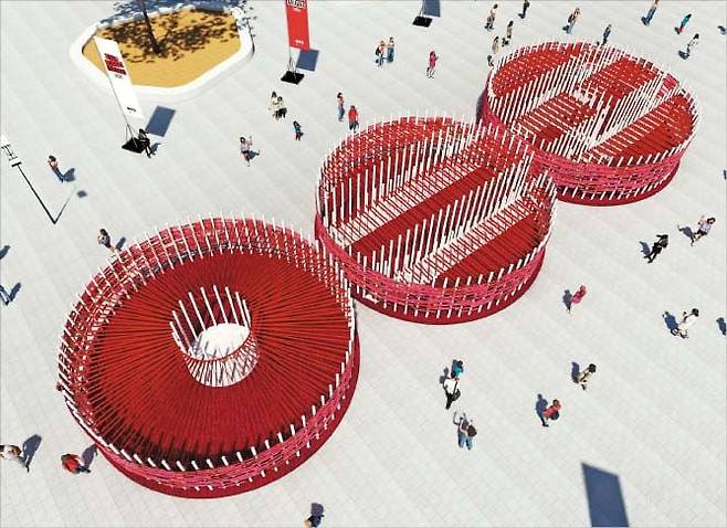 오는 20일~22일 서울 여의도 한강공원에 설치되는 BTS 음악체험 공간 ‘러브 송라운지’ 조감도. 새 앨범 ‘아리랑’의 상징색인 붉은색으로 물들었다. /빅히트뮤직