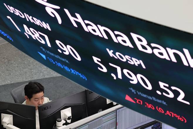 20일 서울 중구 하나은행 딜링룸에서 딜러들이 업무를 보고 있다. 뉴시스 제공