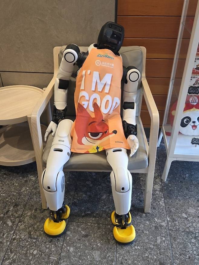 19일(현지시간) 미국 캘리포니아주 쿠퍼티노 하이디라오 매장에 널부러져 있는 휴머노이드 로봇. 매장 관리자는 "더위 때문에 특별한 날에만 작동한다"고 설명했다. /사진=김인엽 특파원