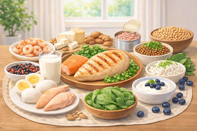 알부민을 섭취할 수 있는 식단을 키워드로 생성AI가 만든 이미지. 알부민은 계란 흰자에서 추출한 물질로 닭가슴살과 계란, 콩, 두부 등 매일 먹는 메뉴에 포함되어 있다. [챗GPT]