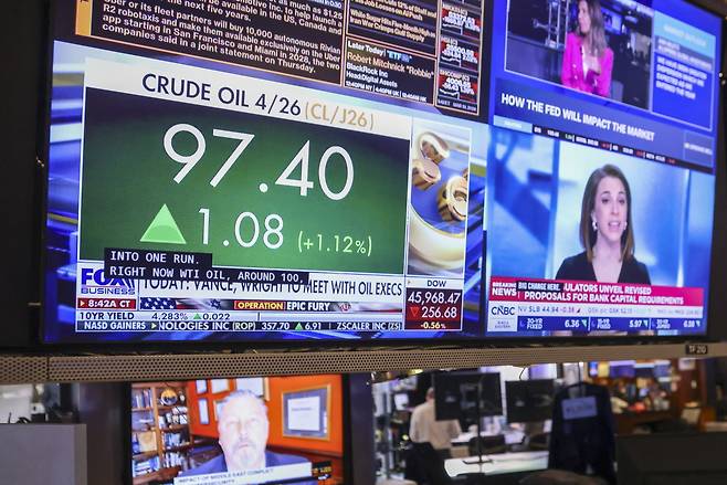 뉴욕증권거래소(NYSE) 개장 직후인 19일(현지시각) 거래원들이 업무를 보는 가운데, 원유 가격 관련 뉴스가 화면에 표시되고 있다. 중동 갈등이 격화되면서 글로벌 유가가 급등했고, 이에 따라 증시는 하락 출발했다. [로이터]