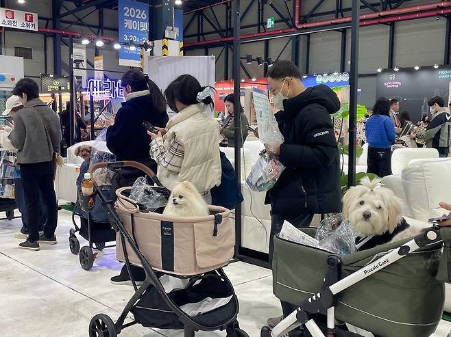 반려견을 유모차에 태우고 부스를 구경 중인 관람객들 [촬영 김세린]