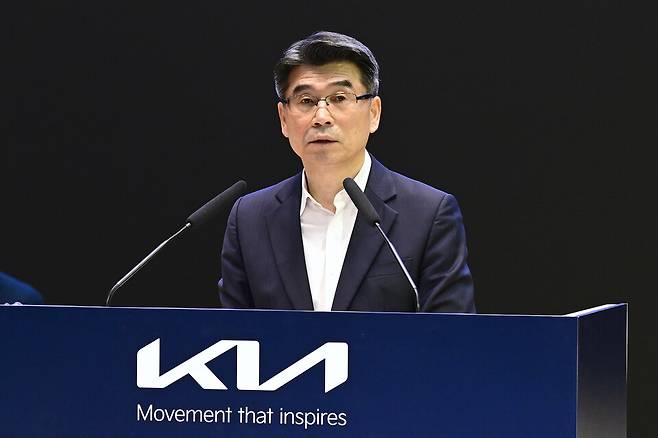 20일 서울 서초구 본사에서 열린 제82기 정기 주주총회에서 송호성 기아 대표이사가 발언을 하고 있다./기아